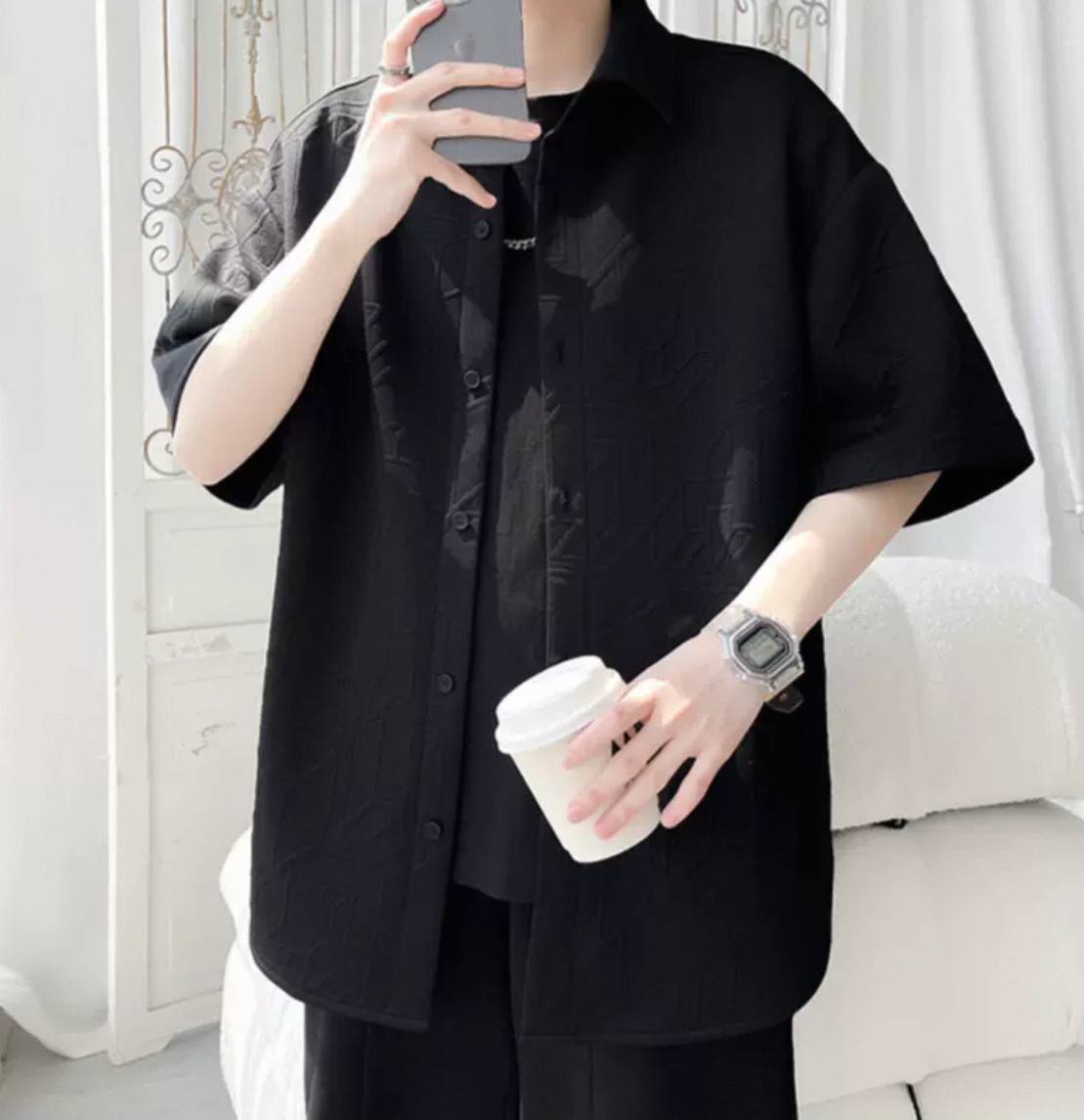 Texture jacquard men's short sleeve shirt