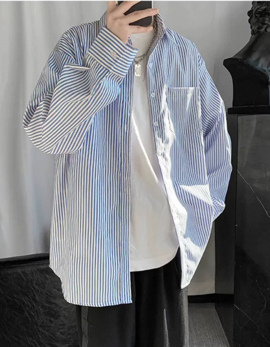 Pure cotton blue and white striped loose men's shirt