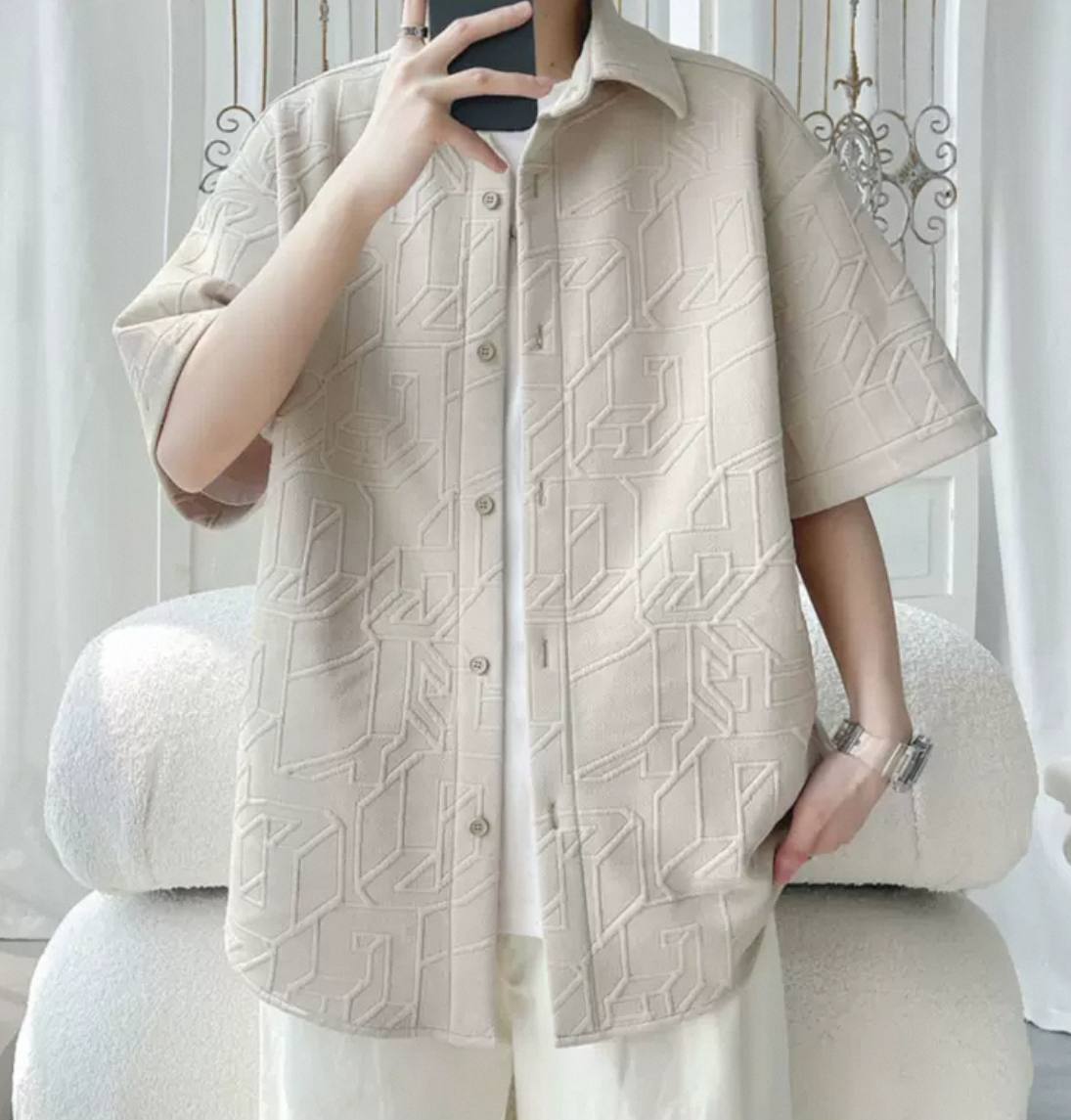 Texture jacquard men's short sleeve shirt