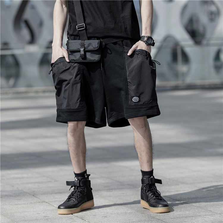 New outdoor multi pockets trendy function male sports middle long stitching zipp