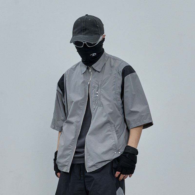 Summer color contrast zipper custom logo oversized lapel outdoor breathable leis